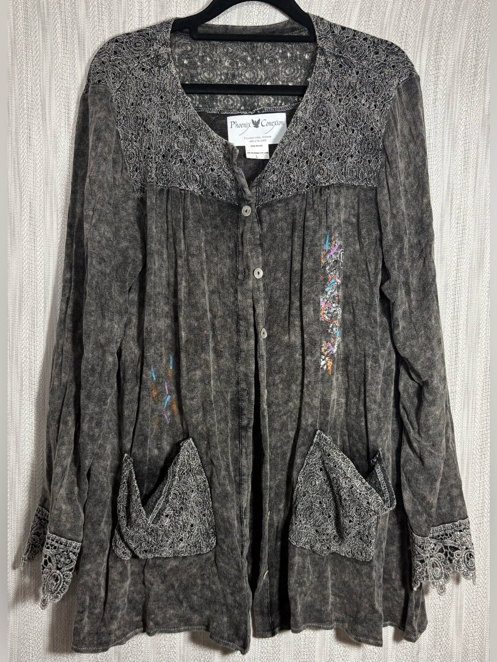Phenix Washed Black Lace-Yoke Button Down Tunic with handpainted art